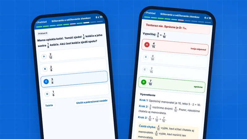 Dva mobily s Učením na príkladoch — príklad so zlomkami a vysvetlenie chyby